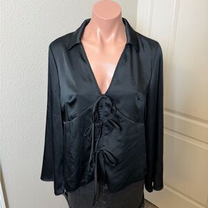 A New Day Black Satin Lace-Up Blouse Sz M